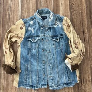 Unique Lucky Brand Upcycled/Reworked Distressed Denim Jacket Deer Print